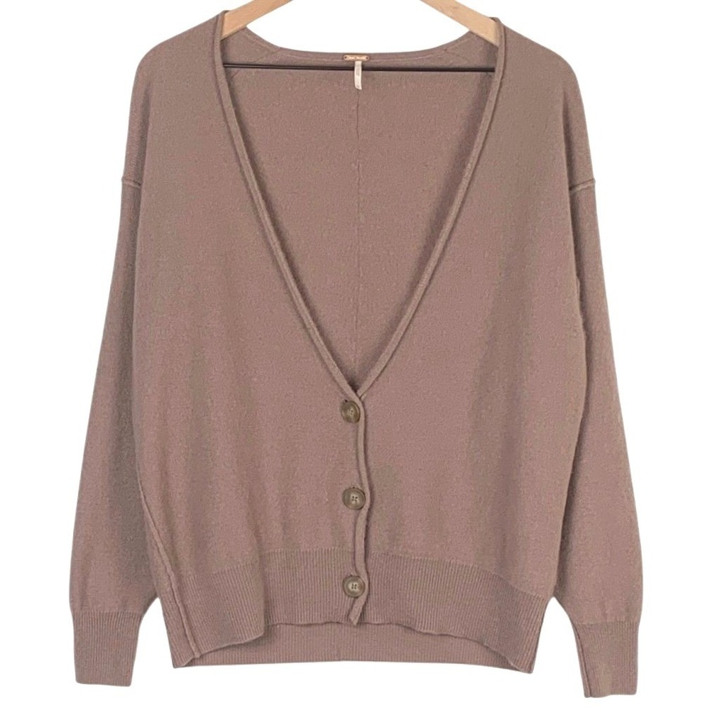 FREE PEOPLE 100% Cashmere V-Neck Cardigan Sweater Sz XS Mauve Oversized SOFT